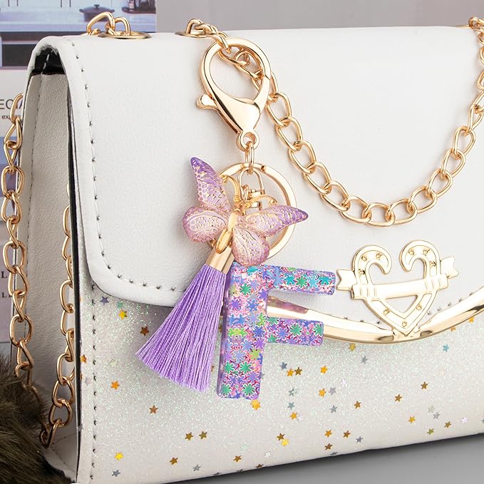 Suweibuke Cute Pink Key Chains for Women Girls, Initial Letter Keychains with Tassel, Charms for Key Purse Handbags Backpacks