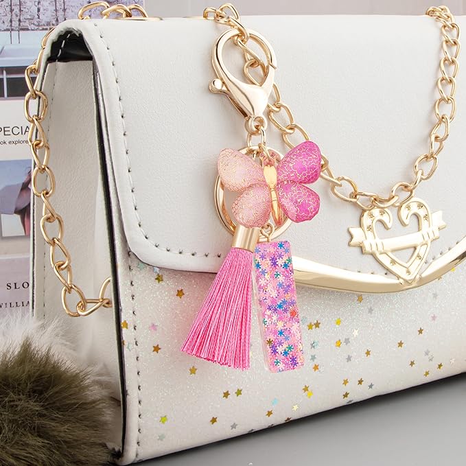 Suweibuke Cute Pink Key Chains for Women Girls, Initial Letter Keychains with Tassel, Charms for Key Purse Handbags Backpacks