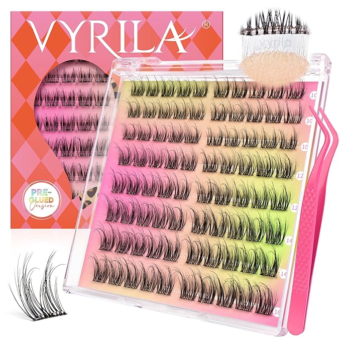 VYRILA Self Adhesive Lash Clusters Kit, D Curl Wispy Pre Glued Lash Extensions with Tweezers, Reusable 0.1mm Ultra Thin Band Natural Eyelashes, Easy Apply Eyelash Clusters for Beginners(PG-ZE13)