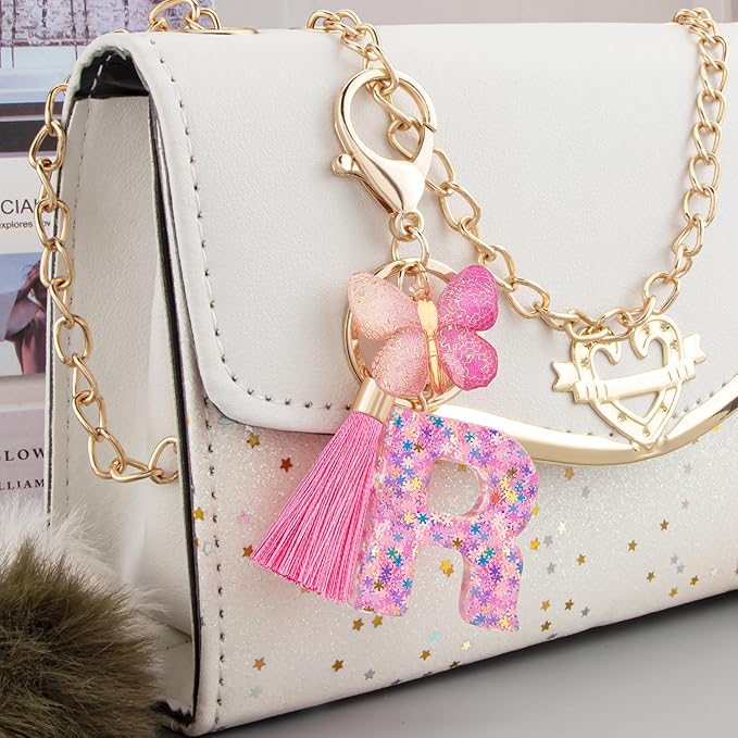 Suweibuke Cute Pink Key Chains for Women Girls, Initial Letter Keychains with Tassel, Charms for Key Purse Handbags Backpacks