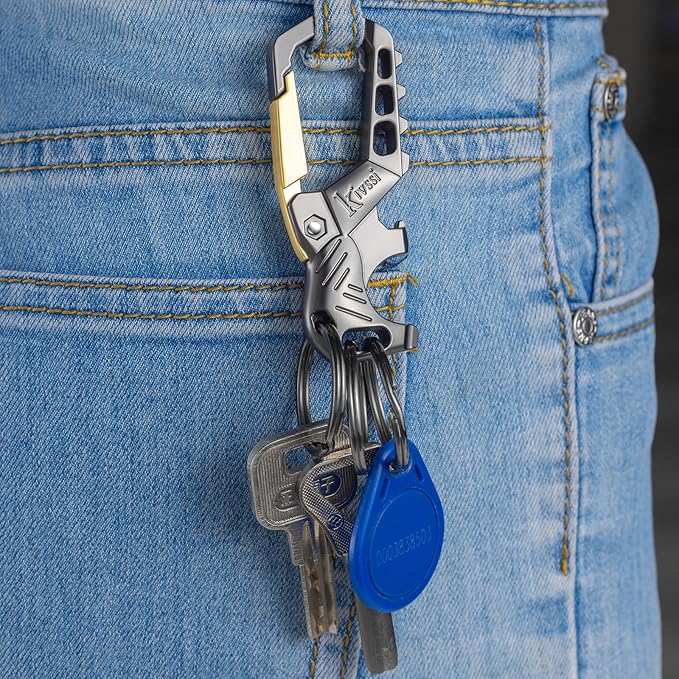 Heavy duty metal keychains, Carabiner clip Car key chains,Fashion family keychain bottle opener and 3 Key Rings suitable for men and women.（Gold-1pcs）
