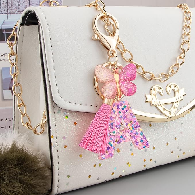 Suweibuke Cute Pink Key Chains for Women Girls, Initial Letter Keychains with Tassel, Charms for Key Purse Handbags Backpacks