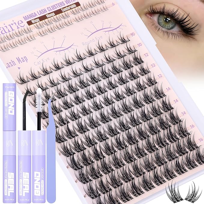 Natural Lash Clusters Kit Manga Lash Extension Kit Wispy Cluster Eyelash Extensions Anime Lashes Clusters 10-16mm DIY Eyelash Extension with Waterproof Bond,Seal and Tweezers by Ruairie