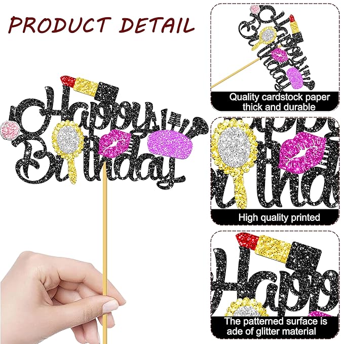 16Pcs Glitter Makeup Party Centerpiece Sticks Spa Makeup Party Decorations Cosmetics Lipstick Eyelashes Perfume Theme Table Centerpiece for Girls Women Birthday Party Party Bridal Shower Supplies