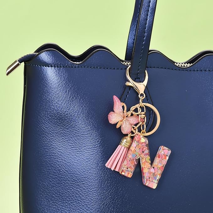 Fashion Alphabet Initial Letter Keychain Tassel Butterfly Pendant Key Ring for Purse Handbags Women Girl