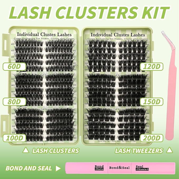 Gmagictobo Lash Clusters Fluffy 80D 100D 150D 200D C Curl Lash Clusters Kit 430Pcs DIY Cluster Eyelash Extensions Eyelash Clusters Cat Eye Lashes Clusters Eyelash Extensions Lash Glue Lash Tweezers