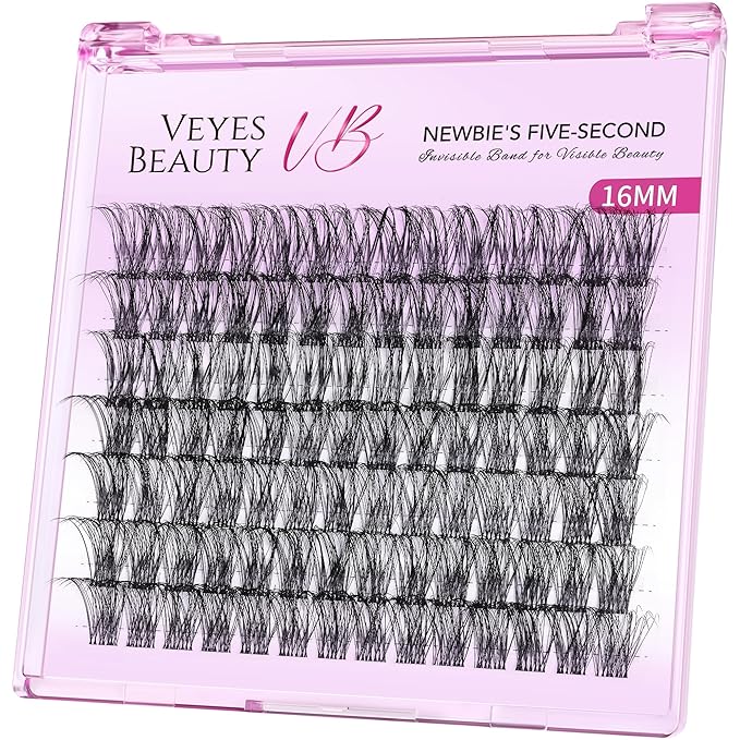 VEYESBEAUTY Lash Clusters Individual Eyelash Extensions Thin & Invisible Band DIY False Eyelashes for Self-application Newbie's Five-Second Series Wispy Lash Tray, Boldeye 16mm Single Length