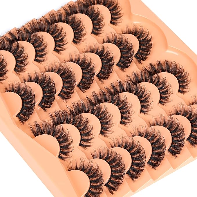 JIMIRE False Eyelashes 14 Pairs Cat Eye Lashes Wispy Fluffy D Curl Strip Natural Lashes Look Like Eyelash Extension 16MM Wispy Faux Mink Fake Lashes Pack