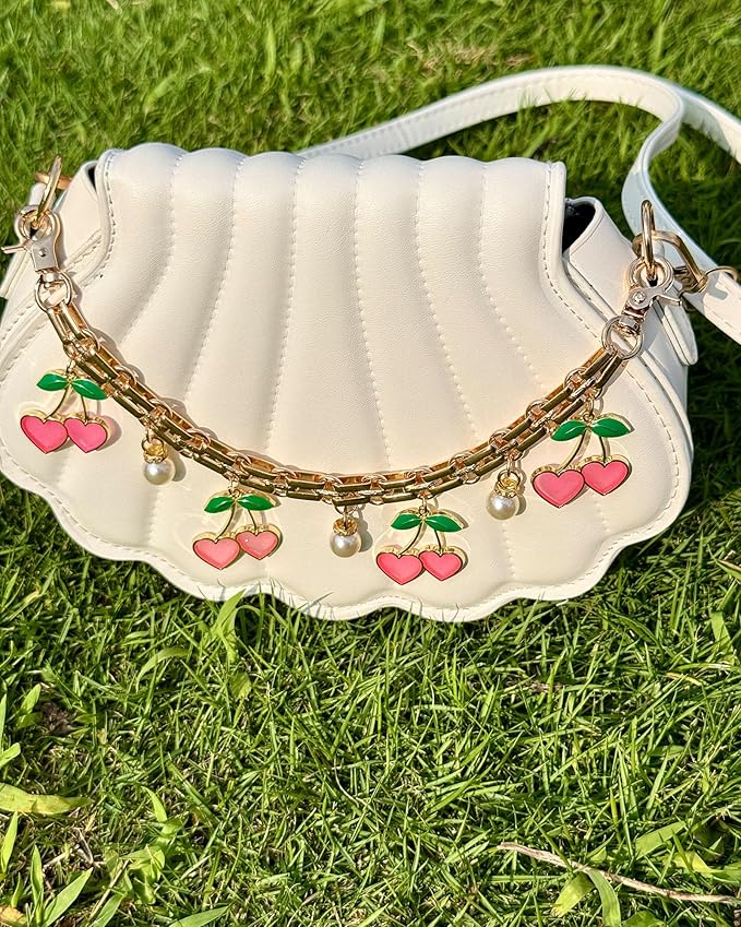 Cute Cherry Bag Chain Keychain with Pearl, Pink Bow Purse Charm, Trendy Handbag Bag Charm Keychain Accessories for Women