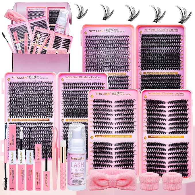 Lash Clusters Kit Eyelash Clusters Kit Cat Eye Lashes Large Pack Cluster Eyelash Extensions Lash Extension Kit Pestañas Postizas Naturales with Lash Bond&Seal,Remover,Tweezers,Cleanser(Lash Kit-5)