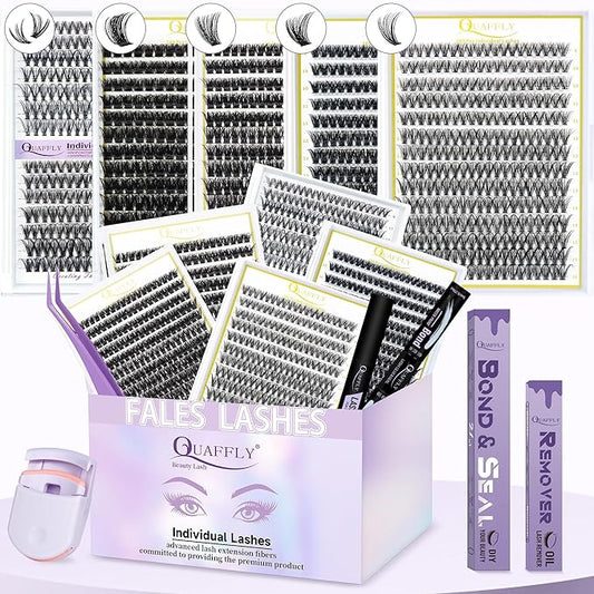 QUAFFLY 5-Pack False Eyelashes Kit with Lash Glue & Seal, Remover, Tweezers, Curler | Professional Lash Extension Set for Natural/Dramatic Look, Reusable, Salon & Home Use