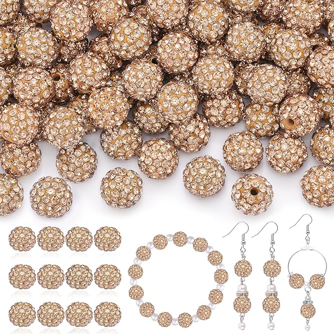 200 Pcs Light Brown Rhinestone Beads for Jewelry Making, Sparkle Crystal Clay Christmas for Bracelet Baseball Necklace Earring Crafting and DIY, Shiny Round Shamballa Disco Ball Beads Bulk