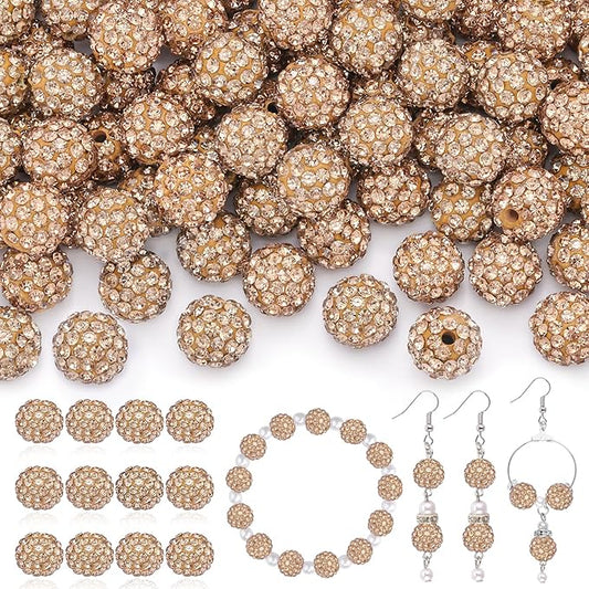 200 Pcs Light Brown Rhinestone Beads for Jewelry Making, Sparkle Crystal Clay Christmas for Bracelet Baseball Necklace Earring Crafting and DIY, Shiny Round Shamballa Disco Ball Beads Bulk