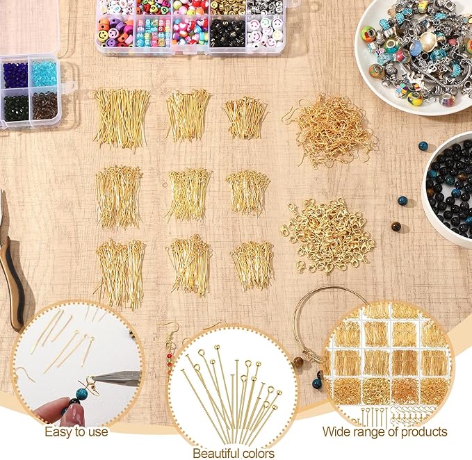 HyDren 2600 Pcs Jewelry Making Supplies Eye Flat Head Ball Pins Lobster Clasps Jump Rings Earring Hooks Backs Set Jewelry Making Findings Accessories Kit for Earring Bracelet DIY Crafts(Gold)