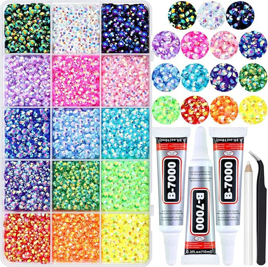 15000PCS 4MM Resin Jelly Rhinestones for Crafts Nails, 15 Colors SS16 Flatback Rhinestone Gems for Tumblers Mugs Crocs Shoes Graduation Cap Makeup, Bedazzling Kit with B7000 Glue
