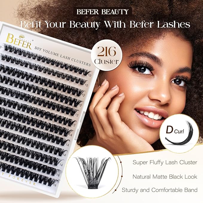 BEFER Lash Clusters, 216 Pcs D Curl All-New Upgrade 80P Eyelash Clusters 10-16MM Volume Individual Lashes Extensions Wispy Eyelash DIY At Home(Upgrade-80P)
