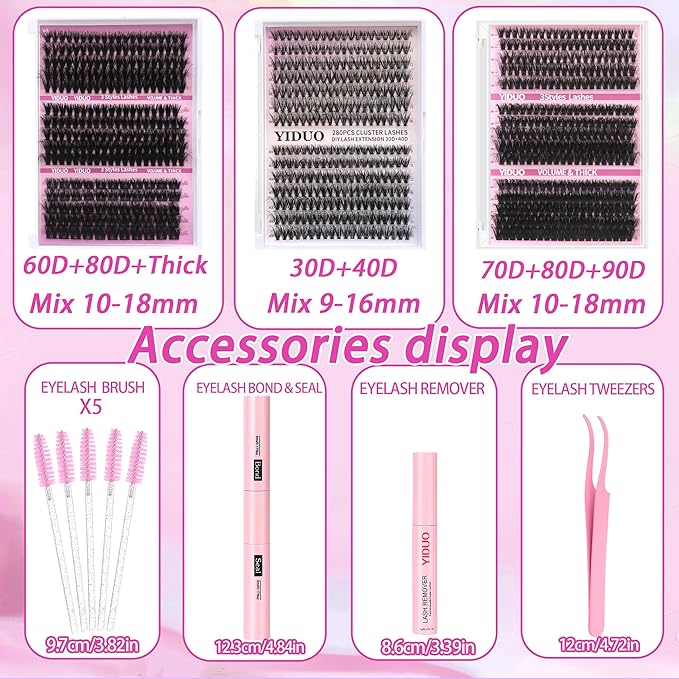 YlDUO Lashes Clusters Kit 7 style Mix Clusters Eyelashes Extensions 835Pcs C-Curl Volume Lashes Clusters Kit 9-18mm Wispy DIY Individual Fake Eyelash Extensions Kit DIY at Home Easily