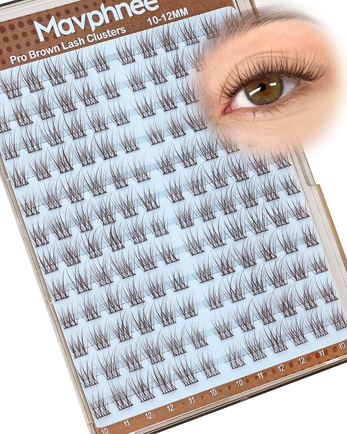 Brown Lash Clusters 10-12MM Pre-Mapped Eyelash Clusters Natural Cluster Lashes Individuals Short Wispy Cluster Eyelash Extensions Open Eye Lashes Clusters Fluffy Lash Extensions (C Curve, 144Pcs)