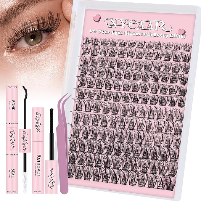 NYCAAR Lash Clusters Kit Wispy Natural Lash Extension Kit D Curl 144Pcs Fluffy Individual Lashes 8-18mm Anime Eyelash Extension Kit with Bond and Seal,Remover,Applicators DIY Lashes Kit at Home(NY03)