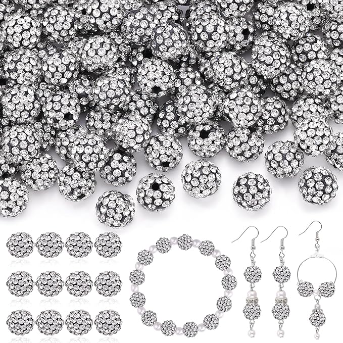 120pcs 10mm Rhinestone Beads for Jewelry Making, Black White Shiny Round Shamballa Disco Ball Beads, Sparkle Crystal Clay Christmas for Bracelet Baseball Necklace Earring Crafting and DIY