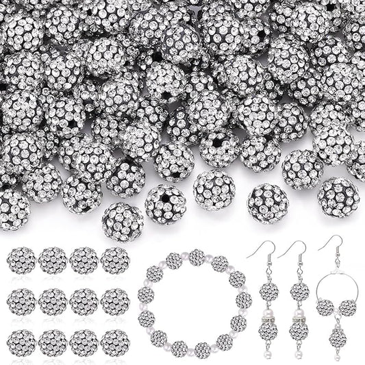 120pcs 10mm Rhinestone Beads for Jewelry Making, Black White Shiny Round Shamballa Disco Ball Beads, Sparkle Crystal Clay Christmas for Bracelet Baseball Necklace Earring Crafting and DIY