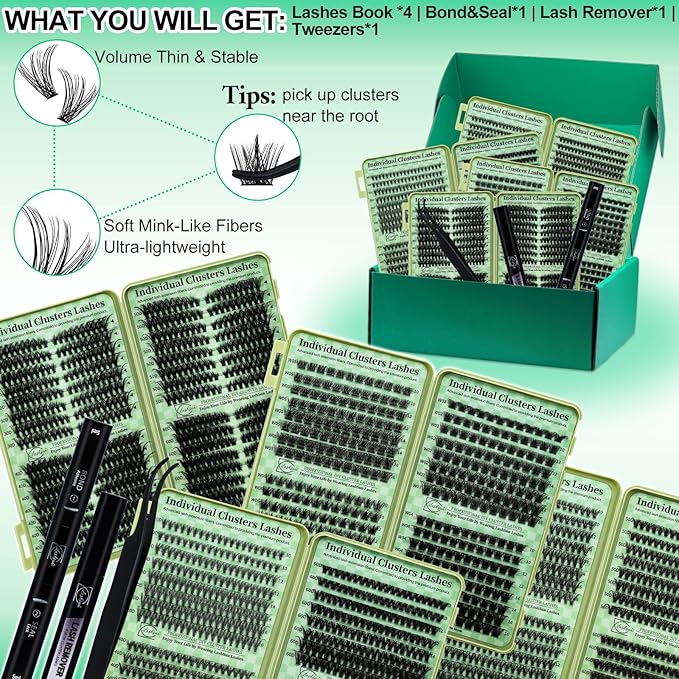 Lash Clusters Kit Wispy Eyelash Clusters Kit Cat Eye Lashes Clusters Kit Cluster Eyelash Extensions Pestañas Postizas Naturales Lash Extension Kit+Lash Bond and Seal,Remover,Tweezers(4 Boxes Kit-1)