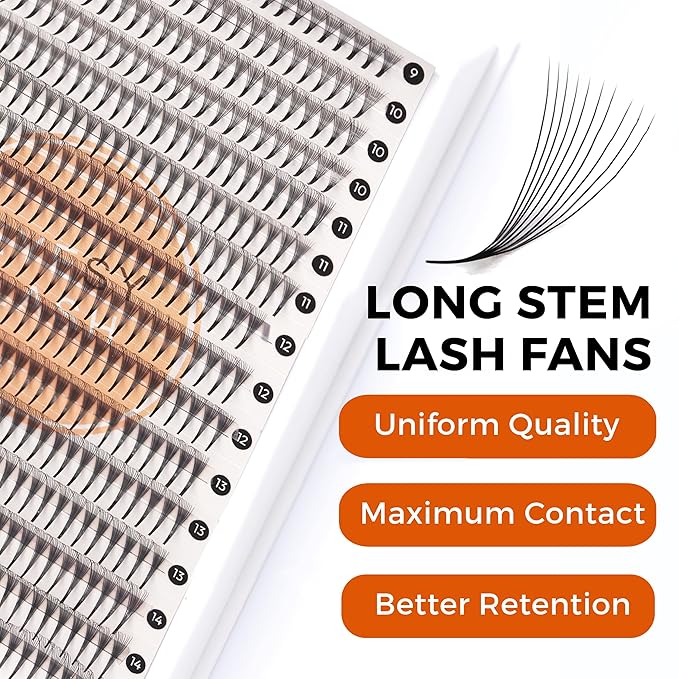 Eyesy Lash 448 Narrow Promade Fans - 10D 0.07mm Thickness C Curl 9-15mm Mixed Lengths - Mega Volume Eyelash Extension Long Stem Narrow Premade Lash Fans Fluffy Pre Made Eyelash Extension Trays