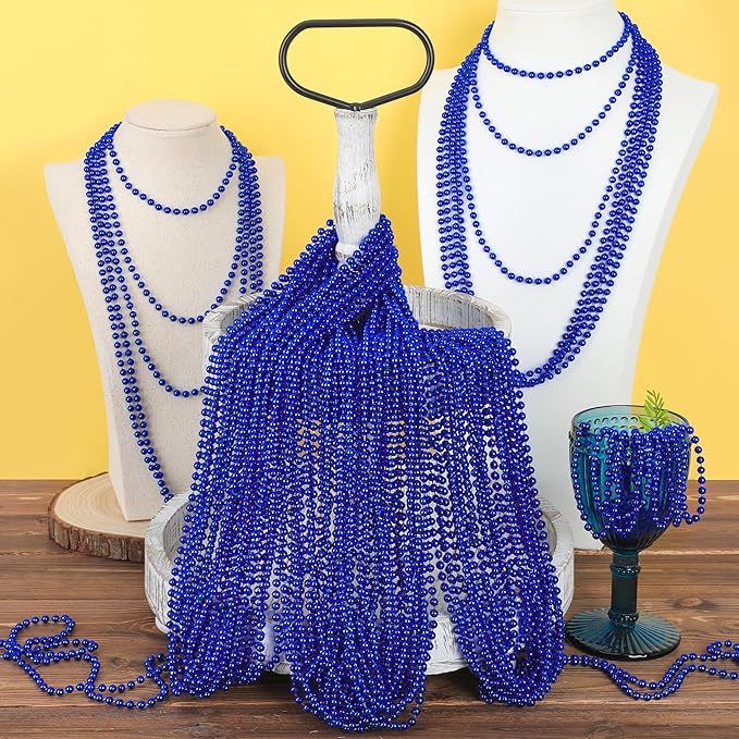 EOBOH 200PCS Blue Beads, 4th of July Blue Beaded Necklaces Stuff, 33" Mardi Gras Necklace Costume Bulk, Parade Throw Party Accessories for Fourth of July Wedding Birthday Events Supplies Decorations