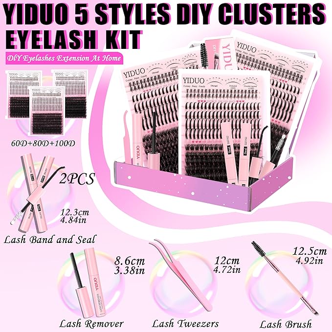 YIDUO Lash Clusters Kit with Spikes Bottom clusters Eyelash Extensions 808Pcs with 2X Bond&Seal 60D/80D/100D 3D Volume D Curl Wispy DIY Individual Lashes Large Pack for Beginners Choice