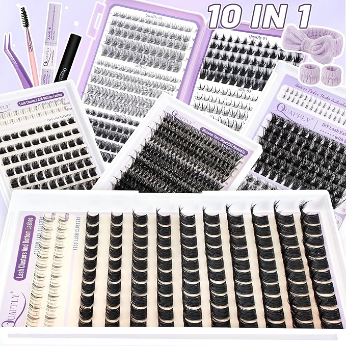 QUAFFLY Lash Clusters Kit 949pcs Natural Cluster Lashes With Bottom Lash Manga Lashes with Lash Bond and Seal Remover Dual-Ended Brush Headband Wristband Tweezer Lash Extension Kit for Beginner