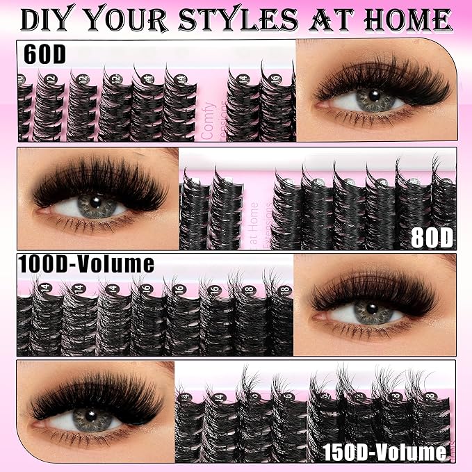 YIDUO 4 Styles Lash Clusters Kit 60D+80D+100D+150D Volume Clusters Lashes Extensions Kit with 2 Bond and Seal 10-18mm Wispy D Curly Full DIY Individual Eyelash Extensions Kit DIY at Home Easily