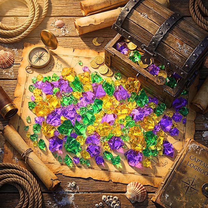 Syhood 570 Pcs 5 Sizes Mardi Gras Yellow Green and Purple Fake Crushed Ice Rocks Acrylic Crystal Gems Plastic Diamonds Marble for Carnival St. Patrick's Day Vase Fillers Table Scatter Room Decoration
