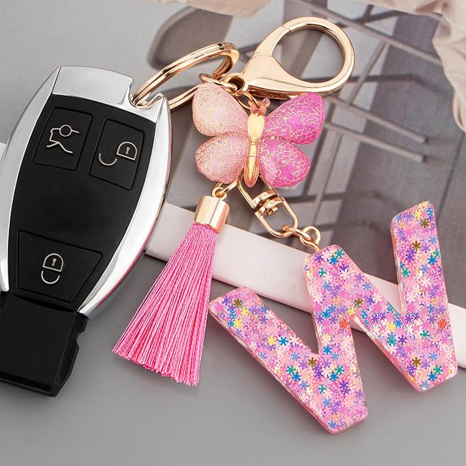 Suweibuke Cute Pink Key Chains for Women Girls, Initial Letter Keychains with Tassel, Charms for Key Purse Handbags Backpacks