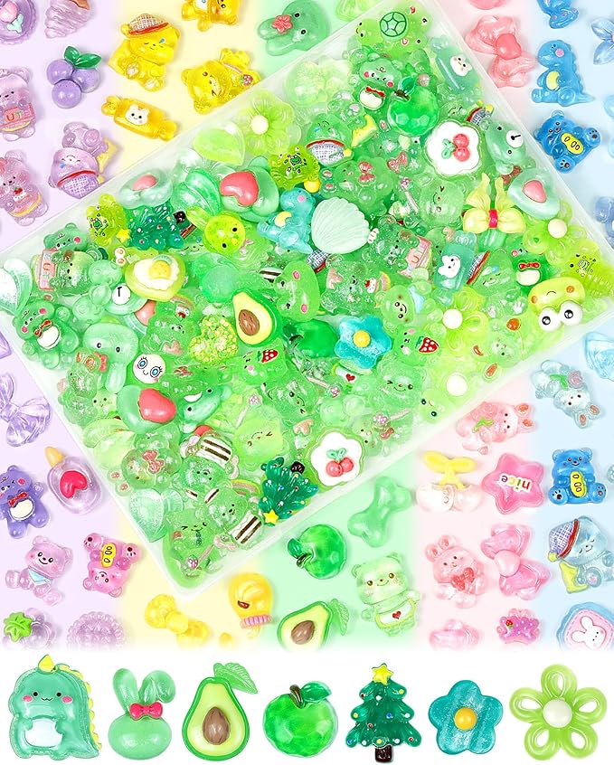 100PCS FIVEIZERO Cute Slime Charms Bulk Set – Kawaii Flatback Resin Charms for Crafts, Mini Decoden Acrylic Embellishments for Phone Junk Cases, Scrapbooking & DIY Decoration (Green)