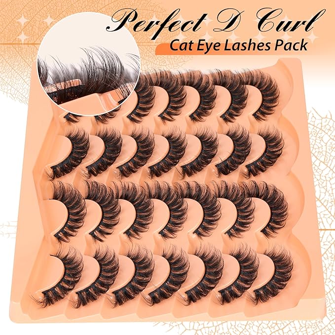 JIMIRE False Eyelashes 14 Pairs Cat Eye Lashes Wispy Fluffy D Curl Strip Natural Lashes Look Like Eyelash Extension 16MM Wispy Faux Mink Fake Lashes Pack