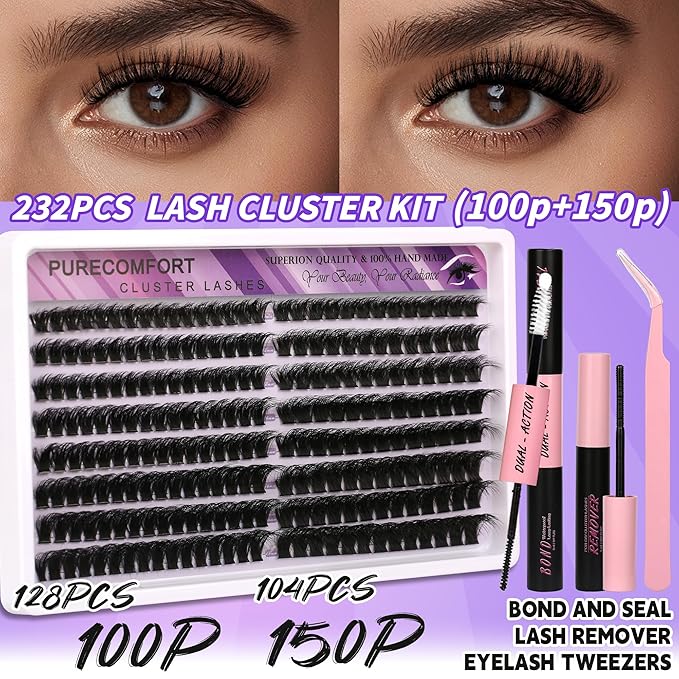 DIY Lash Extension Kit, 232 Cluster Lashes 2 Densities (100P/150P) 10-18mm Mixed Length, Knot-Free Handmade Lashes with Bond/Seal Glue, Remover & Tweezers, Beginner-Friendly for Daily & Party Looks