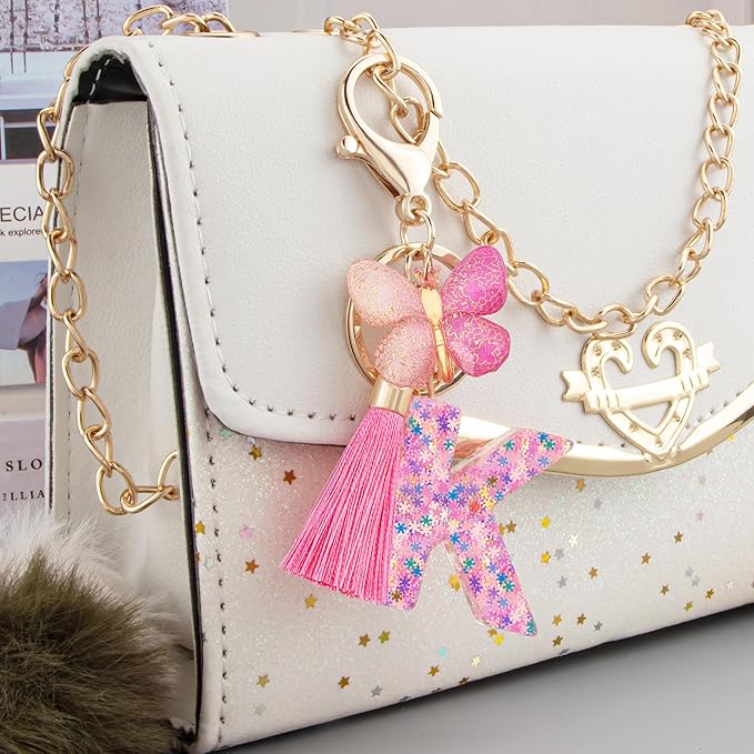 Suweibuke Cute Pink Key Chains for Women Girls, Initial Letter Keychains with Tassel, Charms for Key Purse Handbags Backpacks