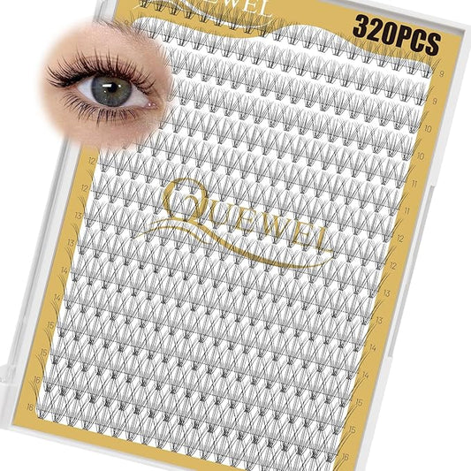 QUEWEL Lash Clusters 320Pcs Cluster Lashes 10D C Curl Lash Cluster Eyelash Extensions Mix9-16mm Individual Eyelashes Clusters Wispy Lash Clusters Thin Band Soft to Use at Home(10D C Mix9-16)