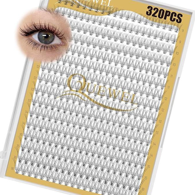 QUEWEL Lash Clusters 320Pcs Cluster Lashes 10D D Curl Lash Cluster Eyelash Extensions Mix9-16mm Individual Eyelashes Clusters Wispy Lash Clusters Thin Band Soft to Use at Home(10D D Mix9-16)