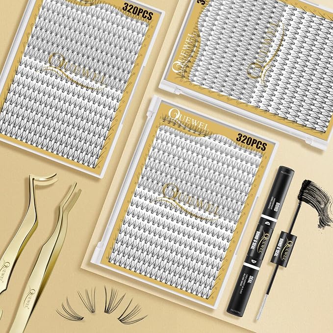QUEWEL Lash Clusters 320Pcs Cluster Lashes 10D+20D D Curl Lash Cluster Eyelash Extensions Mix9-16mm Individual Eyelashes Clusters Wispy Lash Clusters Thin Band Soft to Use at Home(10D+20D D Mix9-16)