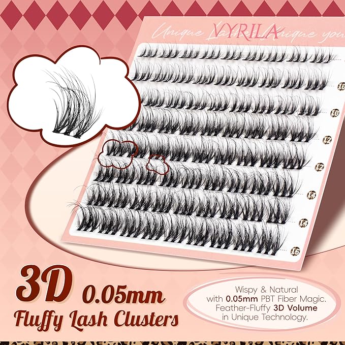 VYRILA Lash Clusters 0.05mm PBT Fiber Eyelash Clusters, 0.1mm Superfine Invisiband D Curl Diy Lash Extension, 72pcs 8-16mm Individual Like Eyelash Extensions (Soul-D-8-16Mix)
