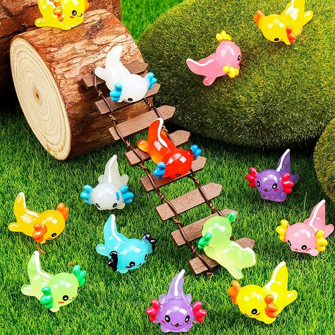 64Pcs Luminous Mini Resin Axolotl 8 Colors Glow in The Dark Small Little Resin Axolot to Hide Bulk Miniature Plastic Animal Figures for Micro Landscape Dollhouse Fairy Garden Aquarium Potted DIY Decor