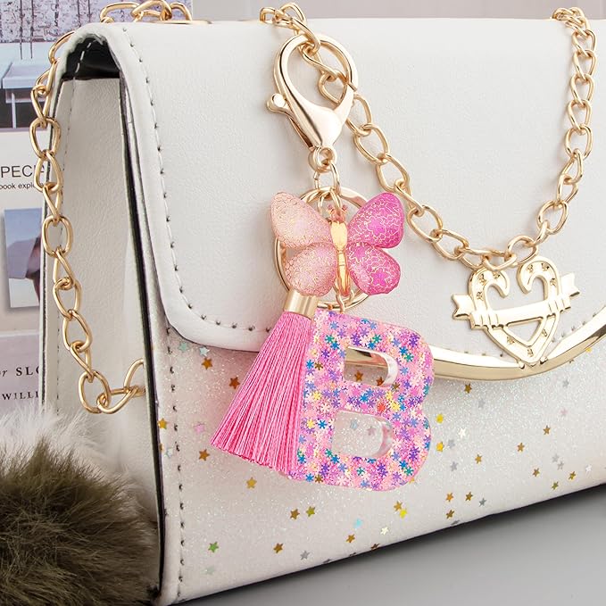Suweibuke Cute Pink Key Chains for Women Girls, Initial Letter Keychains with Tassel, Charms for Key Purse Handbags Backpacks