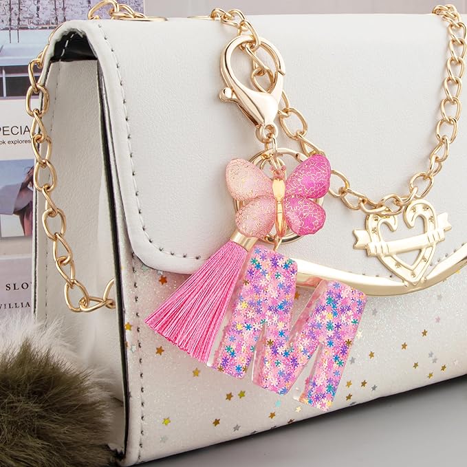 Suweibuke Cute Pink Key Chains for Women Girls, Initial Letter Keychains with Tassel, Charms for Key Purse Handbags Backpacks