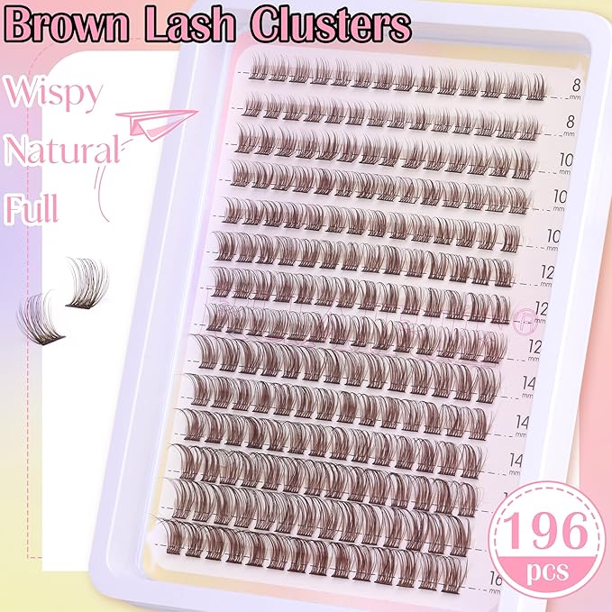 Brown Lash Clusters Wispy Natural Eyelash Clusters Eyelash Extensions 196pcs D-Curly DIY Individual Lashes Extensions