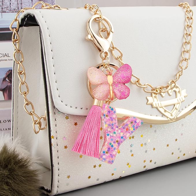 Suweibuke Cute Pink Key Chains for Women Girls, Initial Letter Keychains with Tassel, Charms for Key Purse Handbags Backpacks