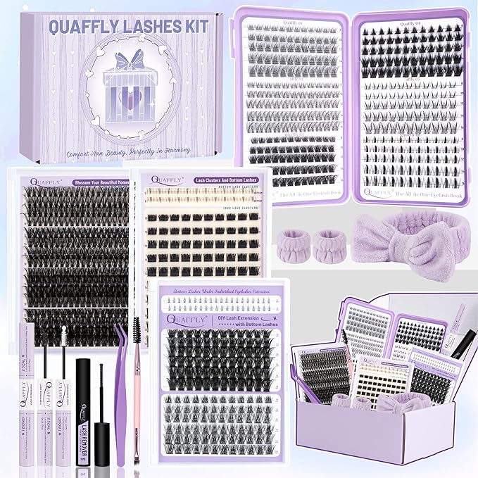 QUAFFLY Lash Clusters Kit 949pcs Natural Cluster Lashes With Bottom Lash Manga Lashes with Lash Bond and Seal Remover Dual-Ended Brush Headband Wristband Tweezer Lash Extension Kit for Beginner