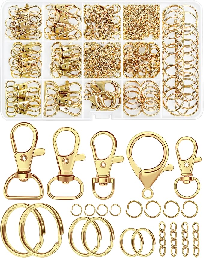325PCS FIVEIZERO Keychain Making Kit - Keychain Clips with Key Ring, Lobster Claw Clasp, Swivel Snap Hook, Jumprings & Extender Chain for Crafts, DIY Projects & Purse Making Supplies (Gold)