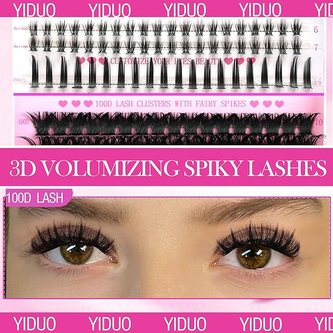 YIDUO Lashes Clusters Kit Bottom Lashes with Spikes 100D Cluster Eyelash Extensions Kit 10-120mm D Curl Volume Manga DIY Individual Strips Lashes Thick with Lash Bond and Seal Tweezers Remover