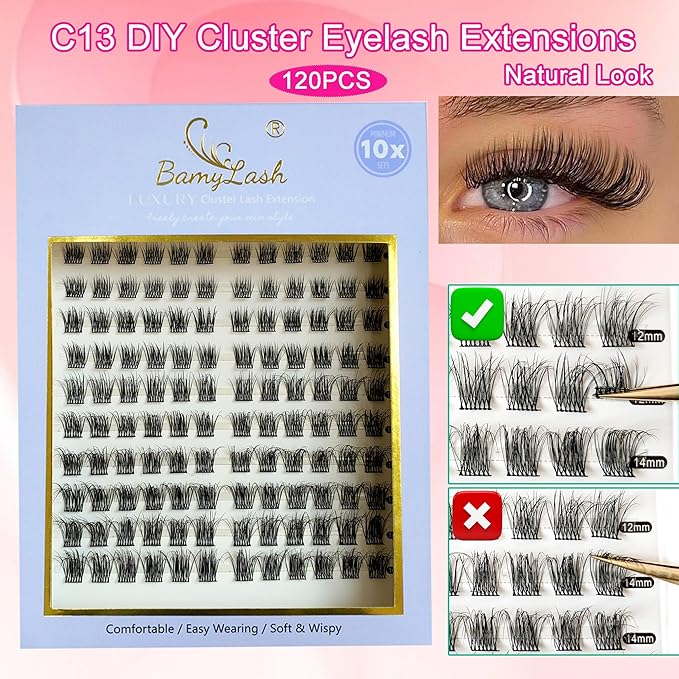 BamyLash DIY Cluster Lash Extension Kit, Professional Volume Eyelash Set, Black (C02+C10+C13 Lash Set)